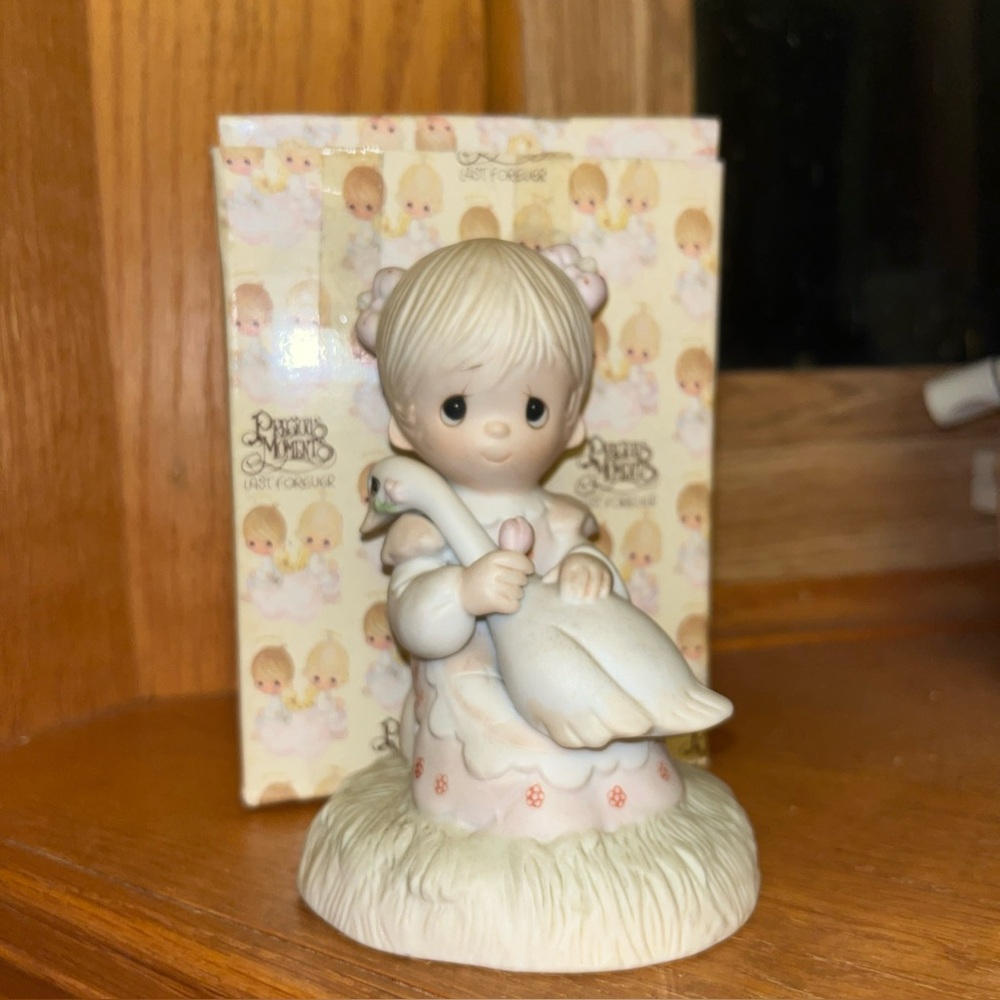 Enesco Precious Moments Figurine with Swan - Cream and White